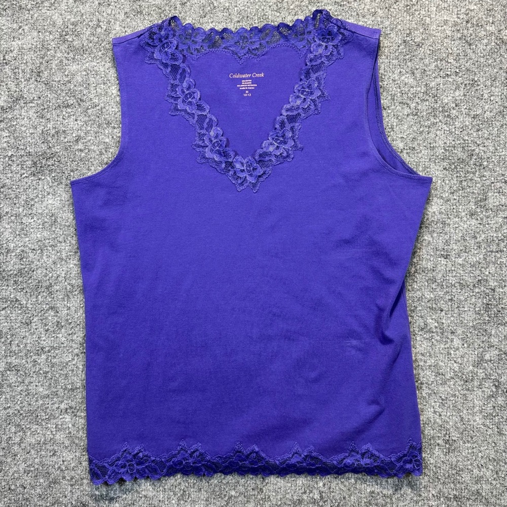 Coldwater Creek Tank Top Women Medium Purple Lace Trim V-Neck Cottagecore Cami